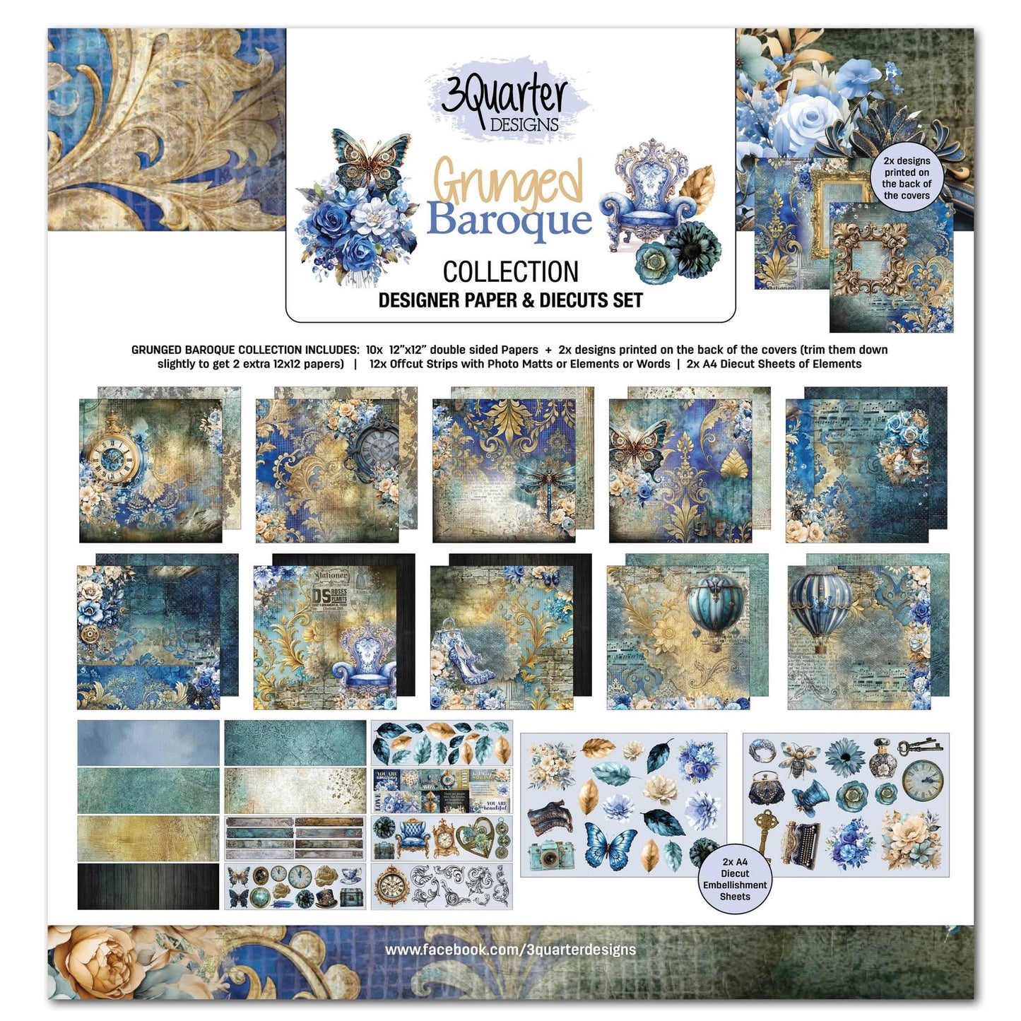 3Quarter Designs Designer Paper and Diecuts Set- Grunged Baroque