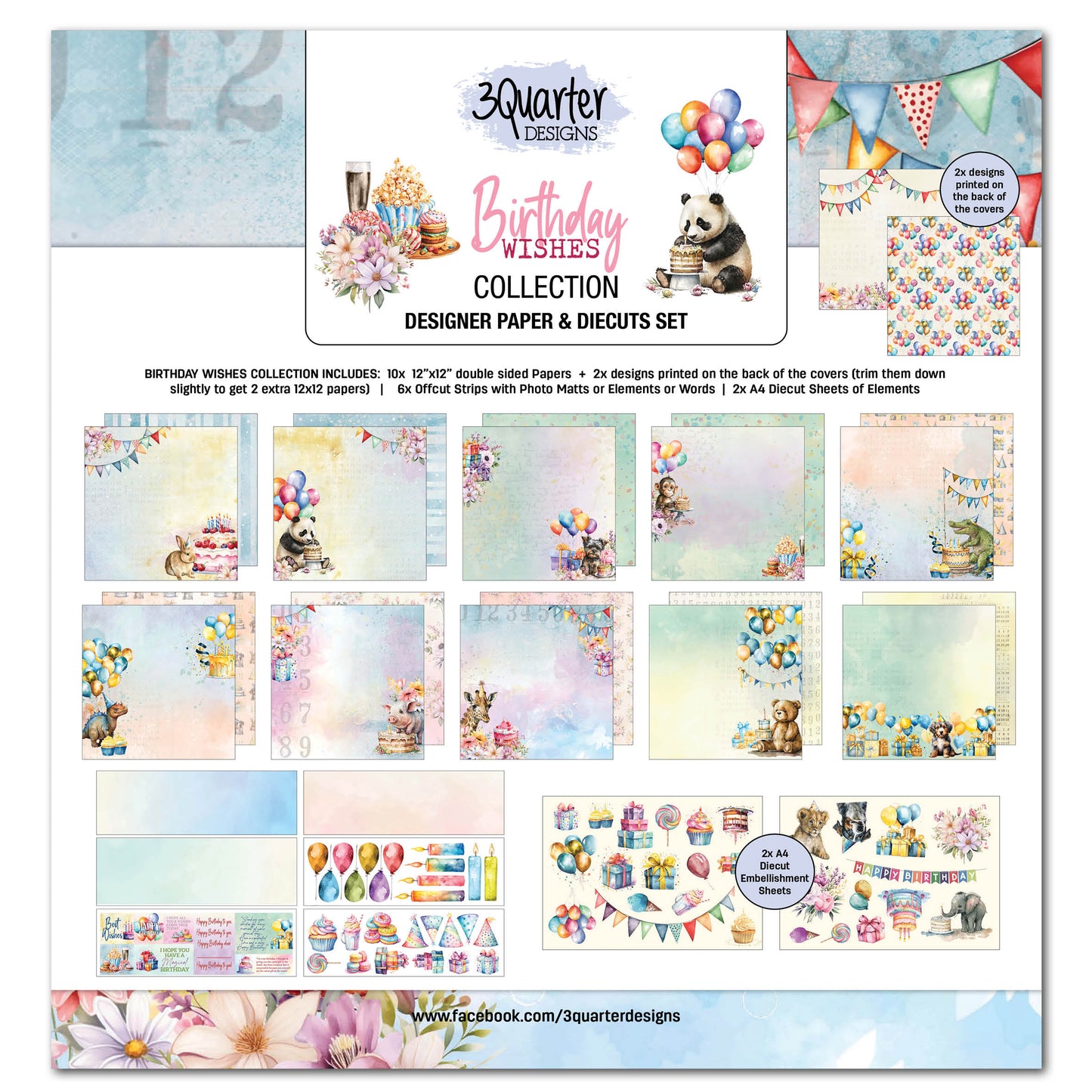 3 Quarter Designs 12x12 Paper & Chipboard Collection - Birthday Wishes