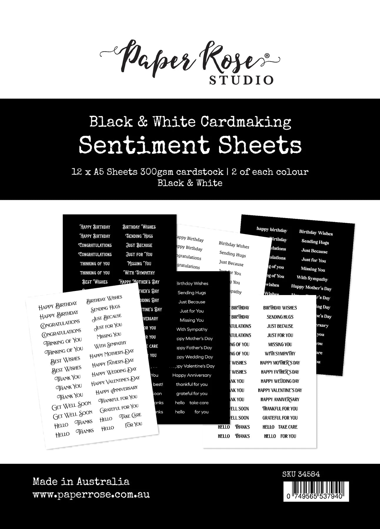 Paper Rose Studio A5 Black & White Cardmaking -Sentiment Sheets