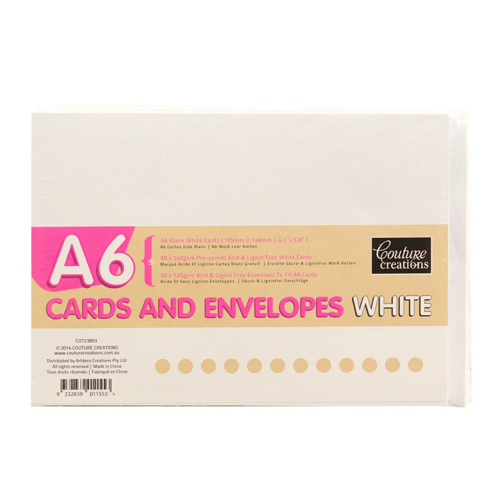 Couture Creations A6 Cards and Envelopes- White- 50 pack