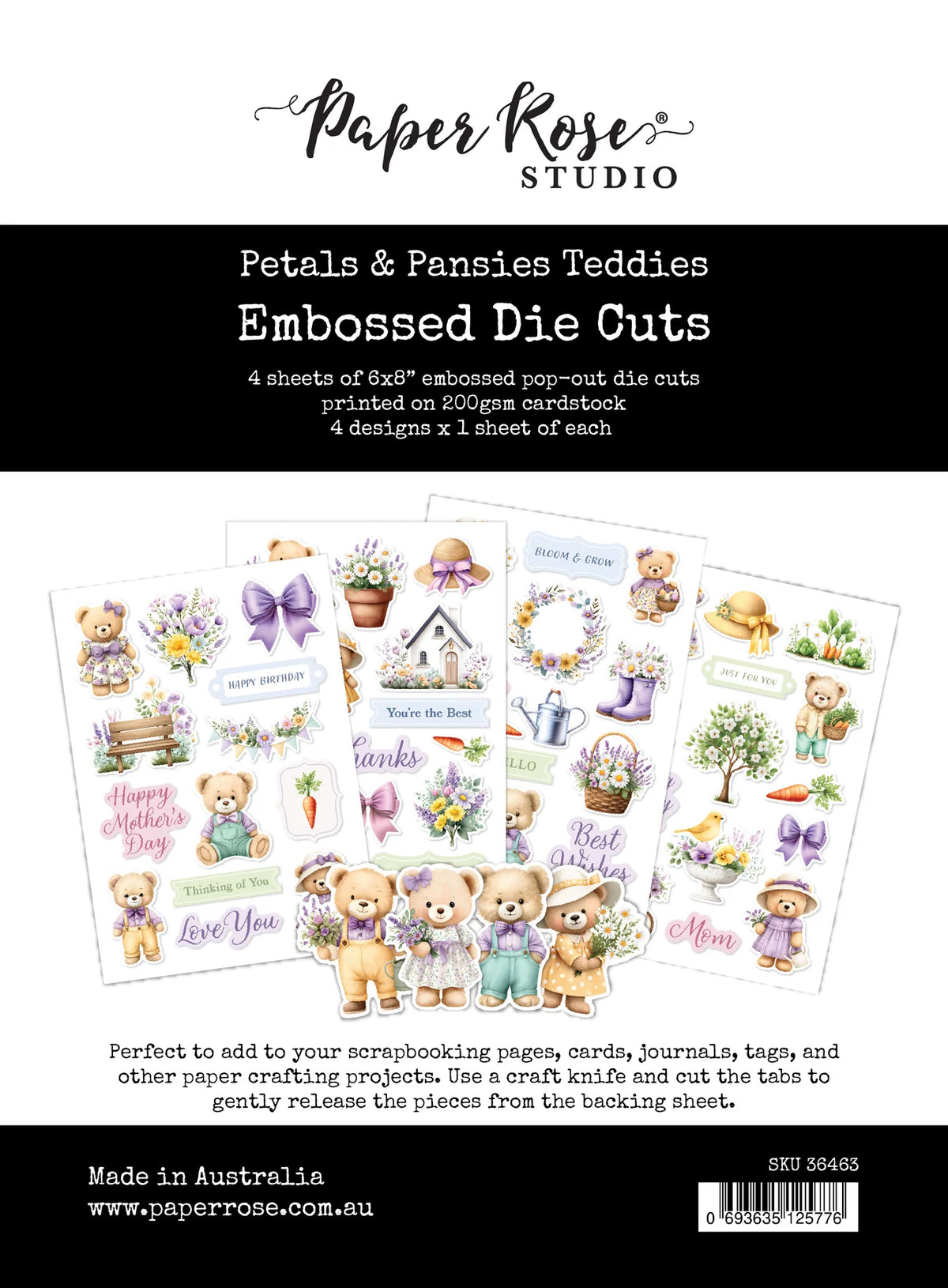 Paper Rose Studio 6x8 Embossed Die Cuts- Petals & Pansies- Teddies