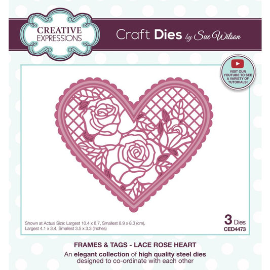 Creative Expressions Craft Metal Dies by Sue Wilson - Frames & Tags- Lace Rose Heart