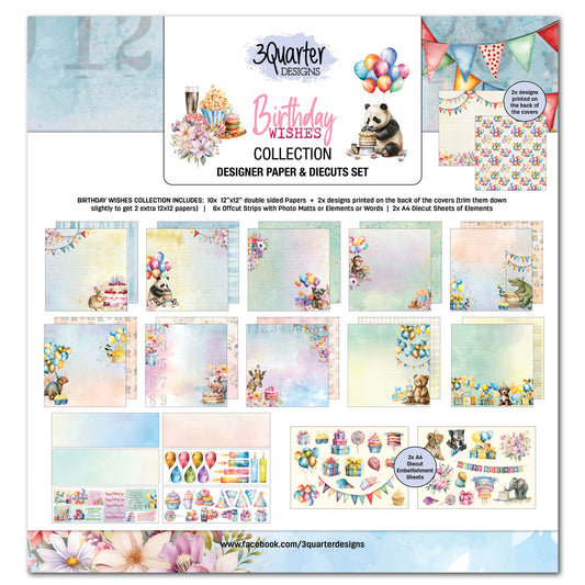 3 Quarter Designs 12x12 Paper & Chipboard Collection - Birthday Wishes