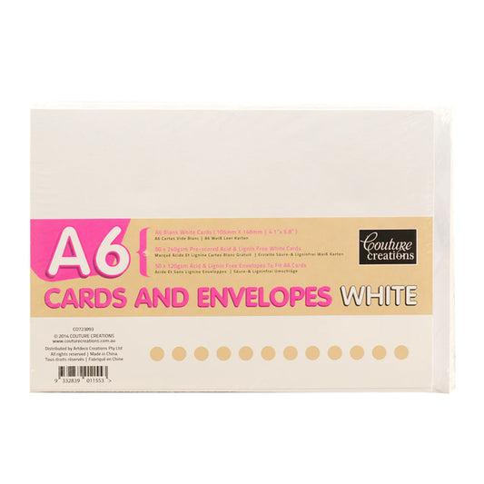 Couture Creations A6 Cards and Envelopes- White- 50 pack