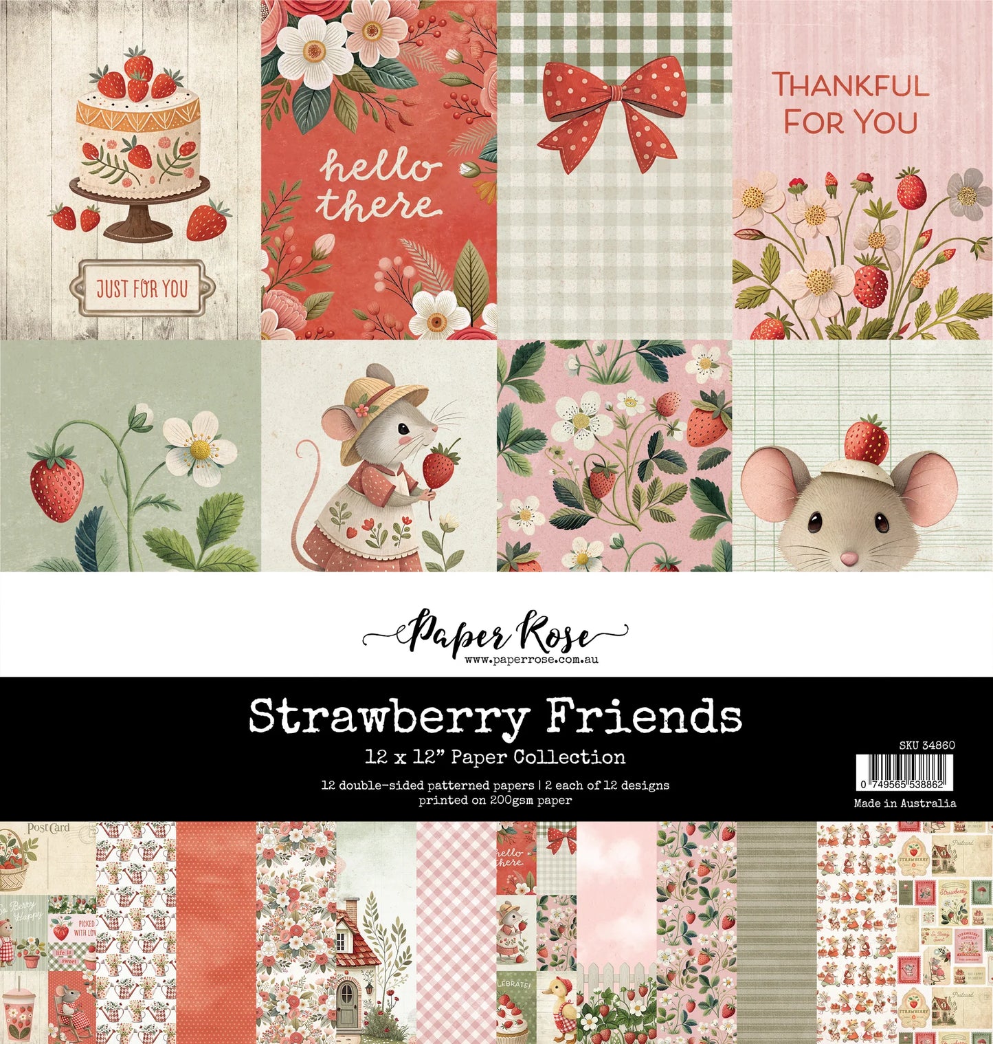 Paper Rose Studio 12x12 Double Sided Paper Pack- Strawberry Friends