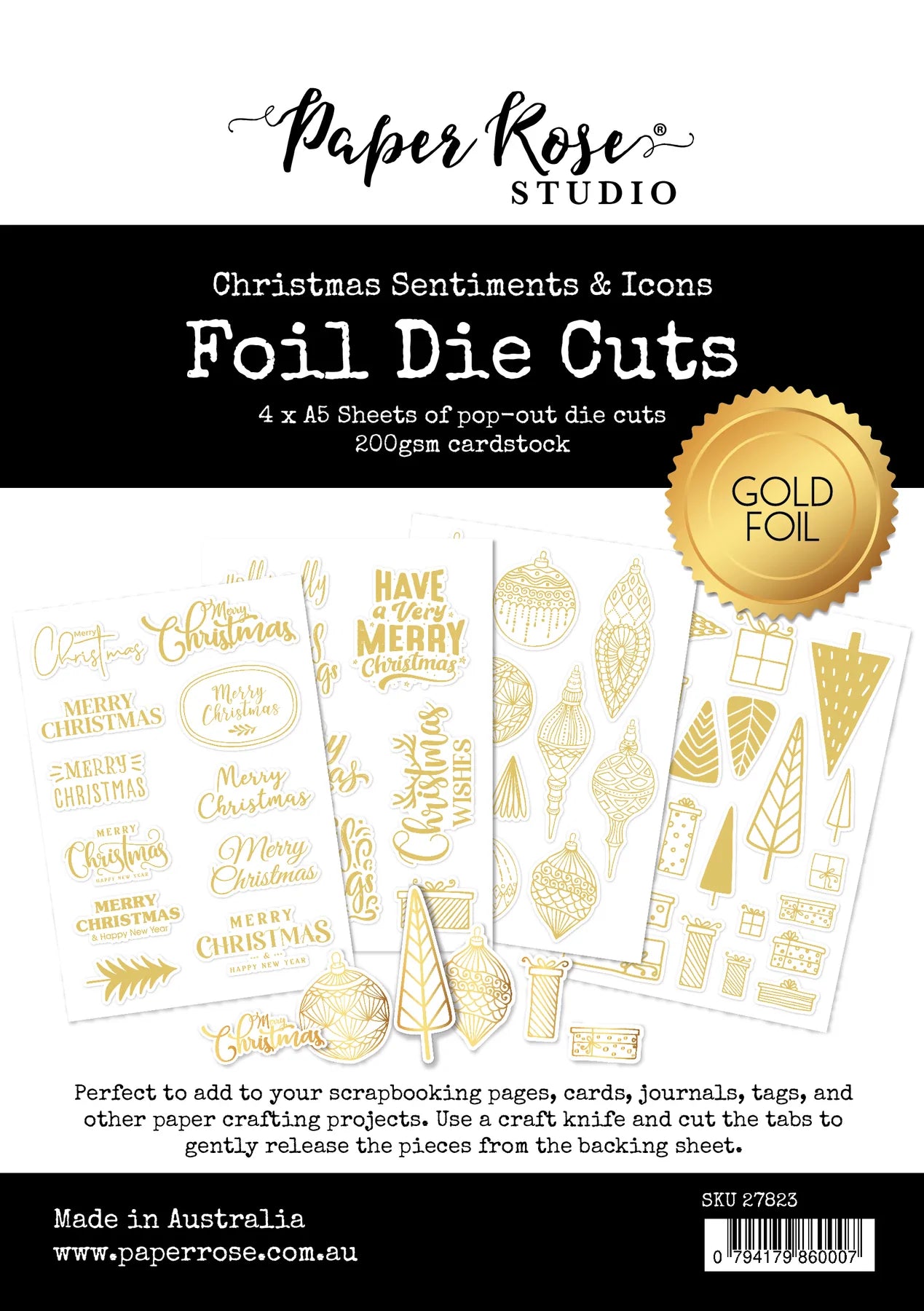 Paper Rose Studio Foil Die Cuts - Christmas Sentiments & Icons, Gold